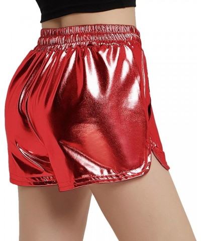 Women's Metallic Shorts Yoga Shiny Sparkly Hot Drawstring Outfit Short Pants Shinny Red $15.11 Activewear