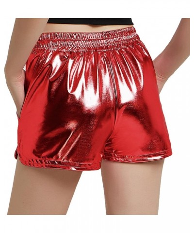 Women's Metallic Shorts Yoga Shiny Sparkly Hot Drawstring Outfit Short Pants Shinny Red $15.11 Activewear