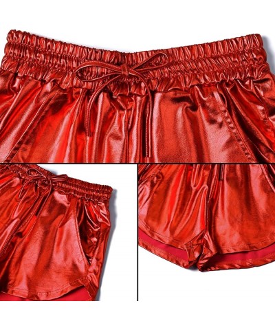 Women's Metallic Shorts Yoga Shiny Sparkly Hot Drawstring Outfit Short Pants Shinny Red $15.11 Activewear