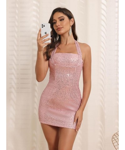 Halter Sequin Homecoming Dress Short Backless Cocktail Party Dresses for Women CYM204 A-burgundy $22.14 Dresses