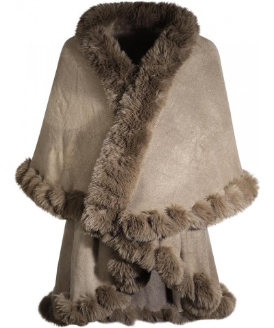 Women Fine Knit Open Front Faux Fur Trim Layers Poncho Cape Cardigan Sweater Plain Khaki $28.98 Sweaters