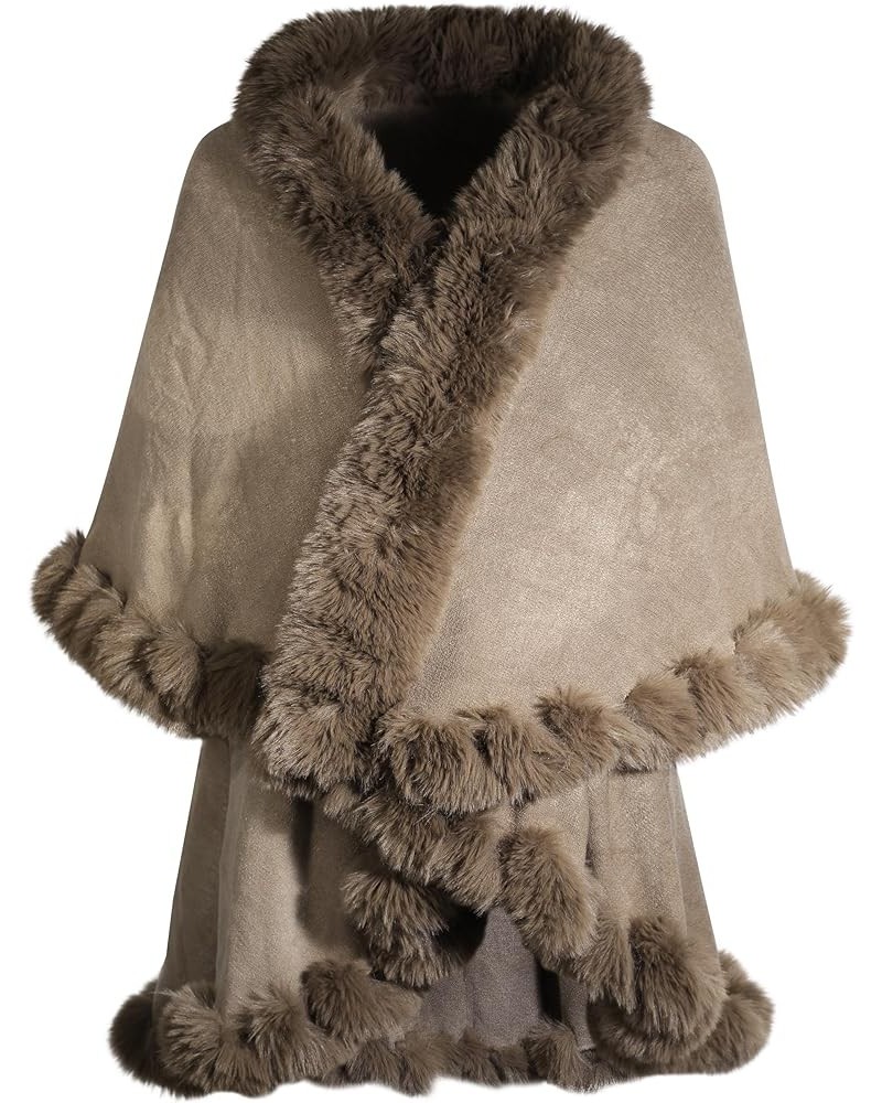 Women Fine Knit Open Front Faux Fur Trim Layers Poncho Cape Cardigan Sweater Plain Khaki $28.98 Sweaters