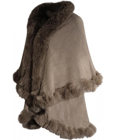 Women Fine Knit Open Front Faux Fur Trim Layers Poncho Cape Cardigan Sweater Plain Khaki $28.98 Sweaters