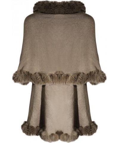 Women Fine Knit Open Front Faux Fur Trim Layers Poncho Cape Cardigan Sweater Plain Khaki $28.98 Sweaters