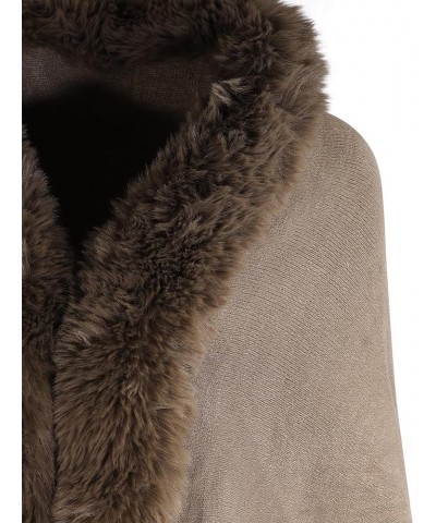 Women Fine Knit Open Front Faux Fur Trim Layers Poncho Cape Cardigan Sweater Plain Khaki $28.98 Sweaters