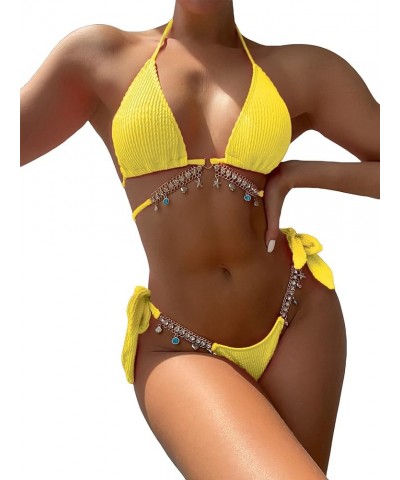 Women's Halter Tie Side Triangle Bikini Set Chain 2 Piece Bikini Swimsuit Bathing Suit Chain Yellow $19.07 Swimsuits