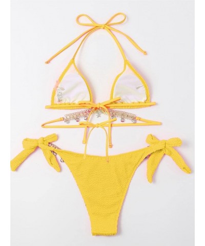 Women's Halter Tie Side Triangle Bikini Set Chain 2 Piece Bikini Swimsuit Bathing Suit Chain Yellow $19.07 Swimsuits