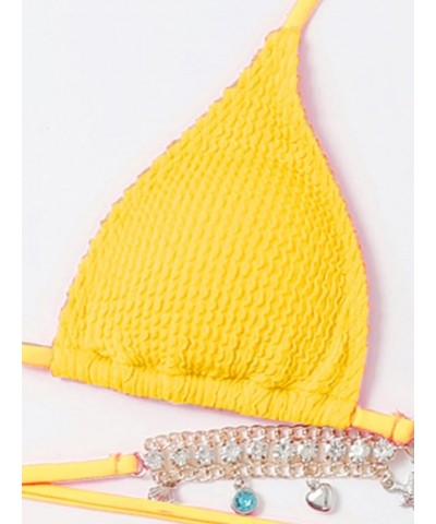 Women's Halter Tie Side Triangle Bikini Set Chain 2 Piece Bikini Swimsuit Bathing Suit Chain Yellow $19.07 Swimsuits