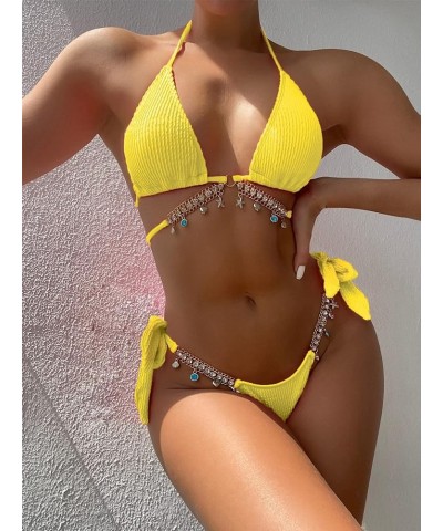 Women's Halter Tie Side Triangle Bikini Set Chain 2 Piece Bikini Swimsuit Bathing Suit Chain Yellow $19.07 Swimsuits