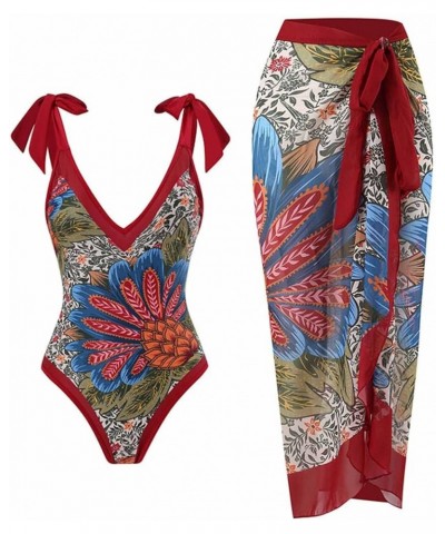 One Piece Bathing Suit for Women Bikini Sarong Maxi Wrap Skirts 2 Piece Floral Print Tankini Swimsuits Cover Up Set A7red $10...