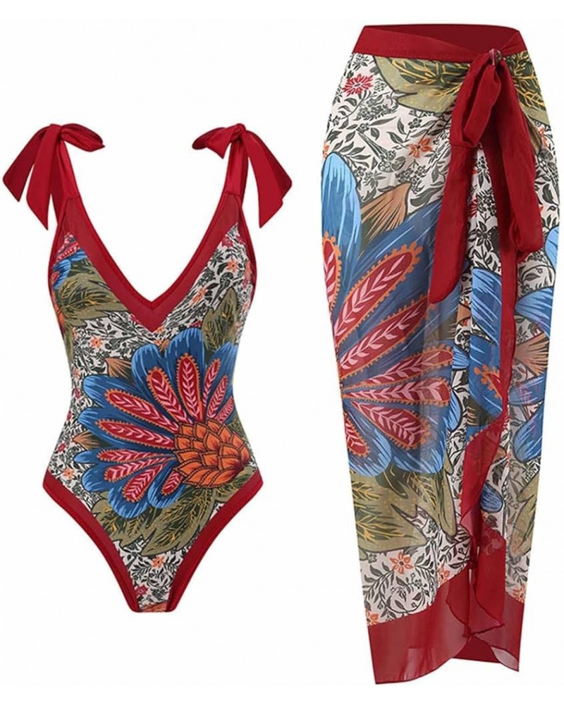 One Piece Bathing Suit for Women Bikini Sarong Maxi Wrap Skirts 2 Piece Floral Print Tankini Swimsuits Cover Up Set A7red $10...