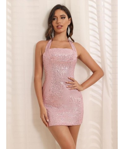 Halter Sequin Homecoming Dress Short Backless Cocktail Party Dresses for Women CYM204 A-burgundy $22.14 Dresses