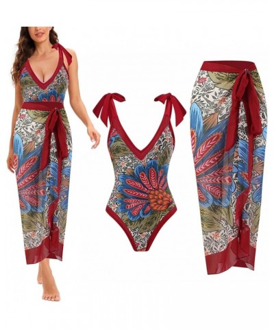 One Piece Bathing Suit for Women Bikini Sarong Maxi Wrap Skirts 2 Piece Floral Print Tankini Swimsuits Cover Up Set A7red $10...