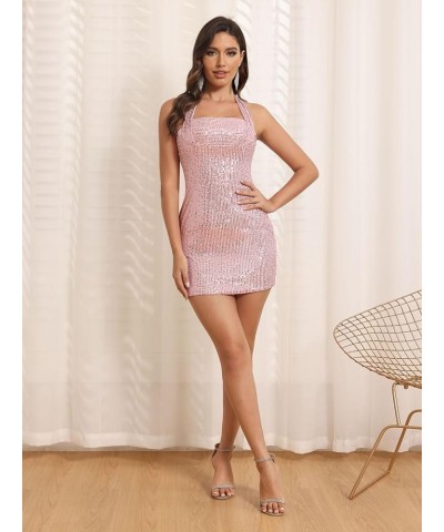 Halter Sequin Homecoming Dress Short Backless Cocktail Party Dresses for Women CYM204 A-burgundy $22.14 Dresses