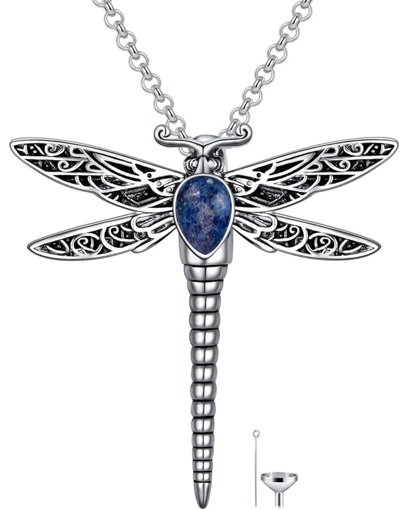 Dragonfly Urn Necklace for Ashes Sterling Silver Memorial Keepsake Cremation Jewelry Gifts with Filling Tool Stone-Lapis Lazu...