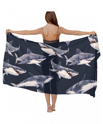 Women's Sarong Cover Ups Long Beach Kimono Bikini Wraps Boho Beachwear Watercolor Shark Pattern Black $14.39 Swimsuits