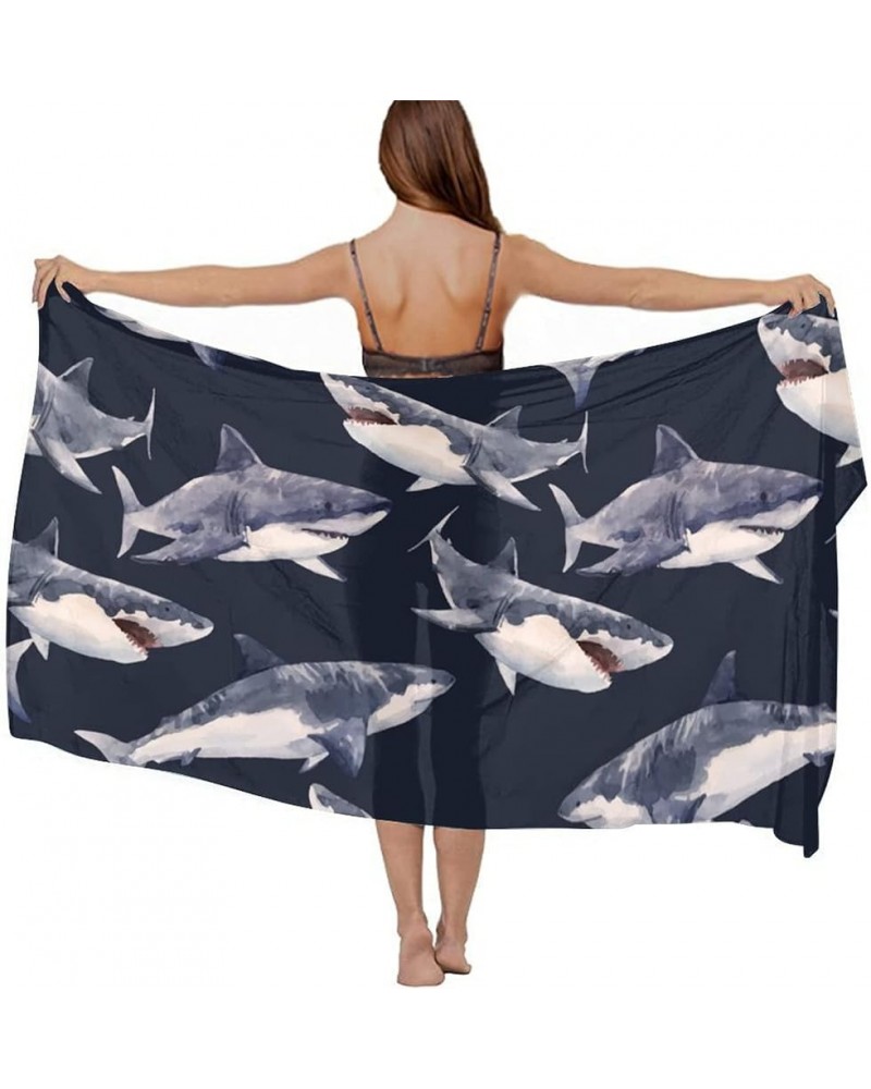 Women's Sarong Cover Ups Long Beach Kimono Bikini Wraps Boho Beachwear Watercolor Shark Pattern Black $14.39 Swimsuits