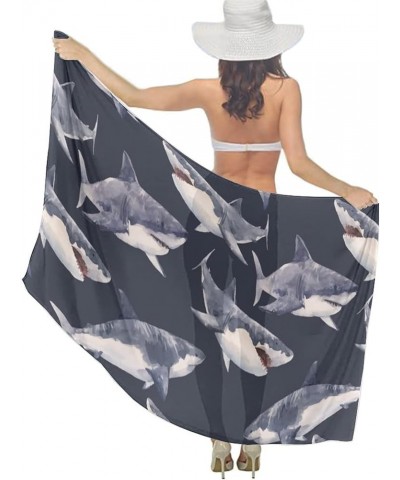 Women's Sarong Cover Ups Long Beach Kimono Bikini Wraps Boho Beachwear Watercolor Shark Pattern Black $14.39 Swimsuits