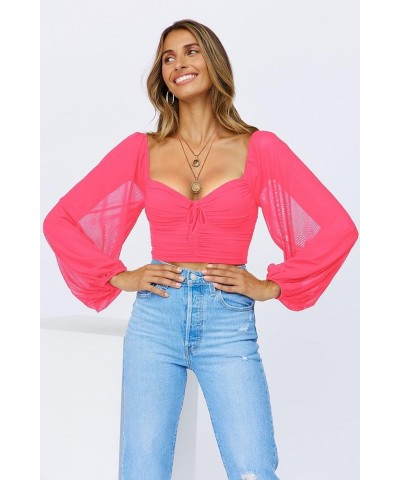 Women's Mesh Lantern Long Sleeve Tie Knot Ruched Crop Tube Top Blouse with Padded Bust S-XXXL Rose Red $14.40 Blouses