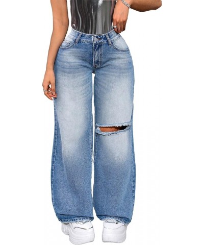 Women's High Waist Ripped Wide Leg Baggy Jeans Distressed Denim Pants Pure Blue $23.46 Jeans