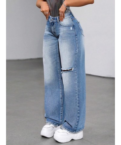 Women's High Waist Ripped Wide Leg Baggy Jeans Distressed Denim Pants Pure Blue $23.46 Jeans