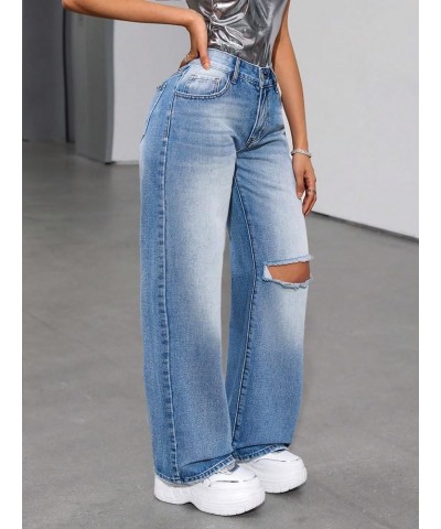 Women's High Waist Ripped Wide Leg Baggy Jeans Distressed Denim Pants Pure Blue $23.46 Jeans