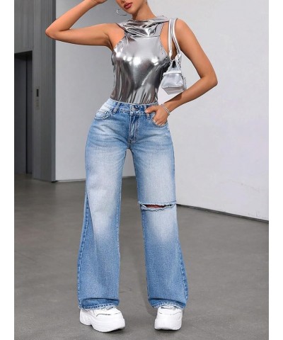 Women's High Waist Ripped Wide Leg Baggy Jeans Distressed Denim Pants Pure Blue $23.46 Jeans