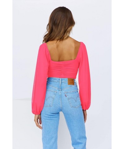 Women's Mesh Lantern Long Sleeve Tie Knot Ruched Crop Tube Top Blouse with Padded Bust S-XXXL Rose Red $14.40 Blouses