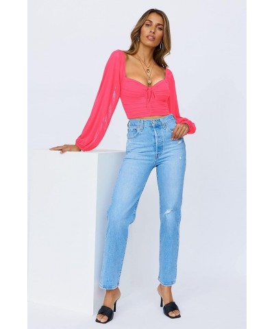 Women's Mesh Lantern Long Sleeve Tie Knot Ruched Crop Tube Top Blouse with Padded Bust S-XXXL Rose Red $14.40 Blouses