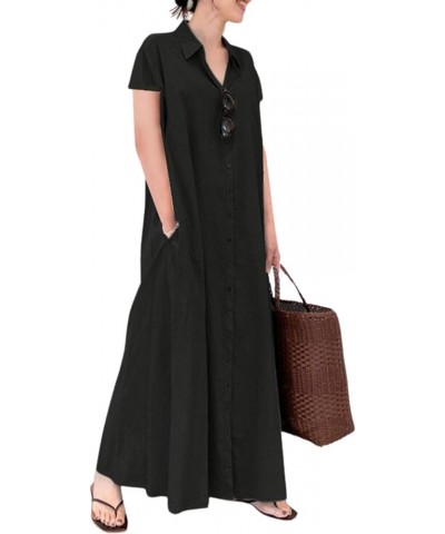 Womens Button Down Shirt Dress Cotton Linen V Neck Long Sleeve Casual Maxi Dress Loose Beach Sundress with Pockets A3-black S...