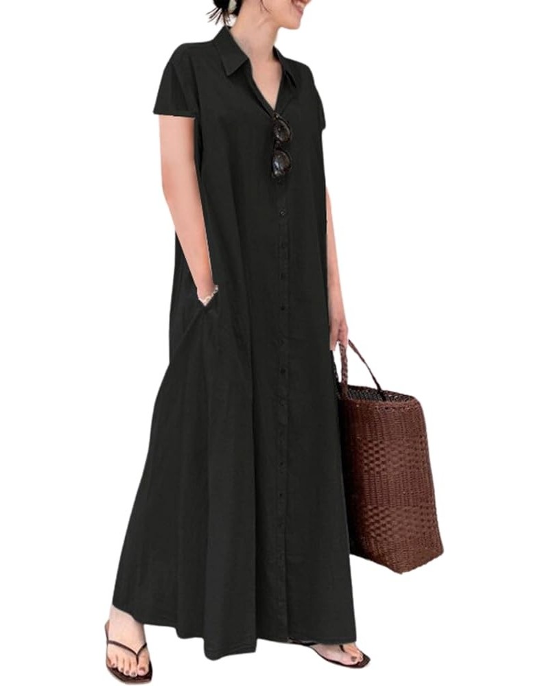 Womens Button Down Shirt Dress Cotton Linen V Neck Long Sleeve Casual Maxi Dress Loose Beach Sundress with Pockets A3-black S...