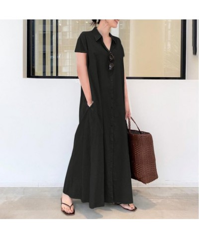 Womens Button Down Shirt Dress Cotton Linen V Neck Long Sleeve Casual Maxi Dress Loose Beach Sundress with Pockets A3-black S...