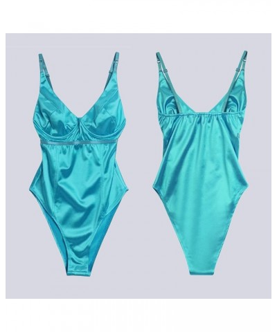 Women's Sexy Deep V Neck Shiny Thong Bodysuit Tank Tops with Underwire Turquoise $12.17 Lingerie