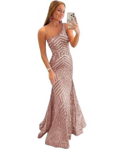 Sparkly Sequin Mermaid Prom Dress for Women One Shoulder Long Formal Evening Party Gowns Rose Gold $28.70 Dresses