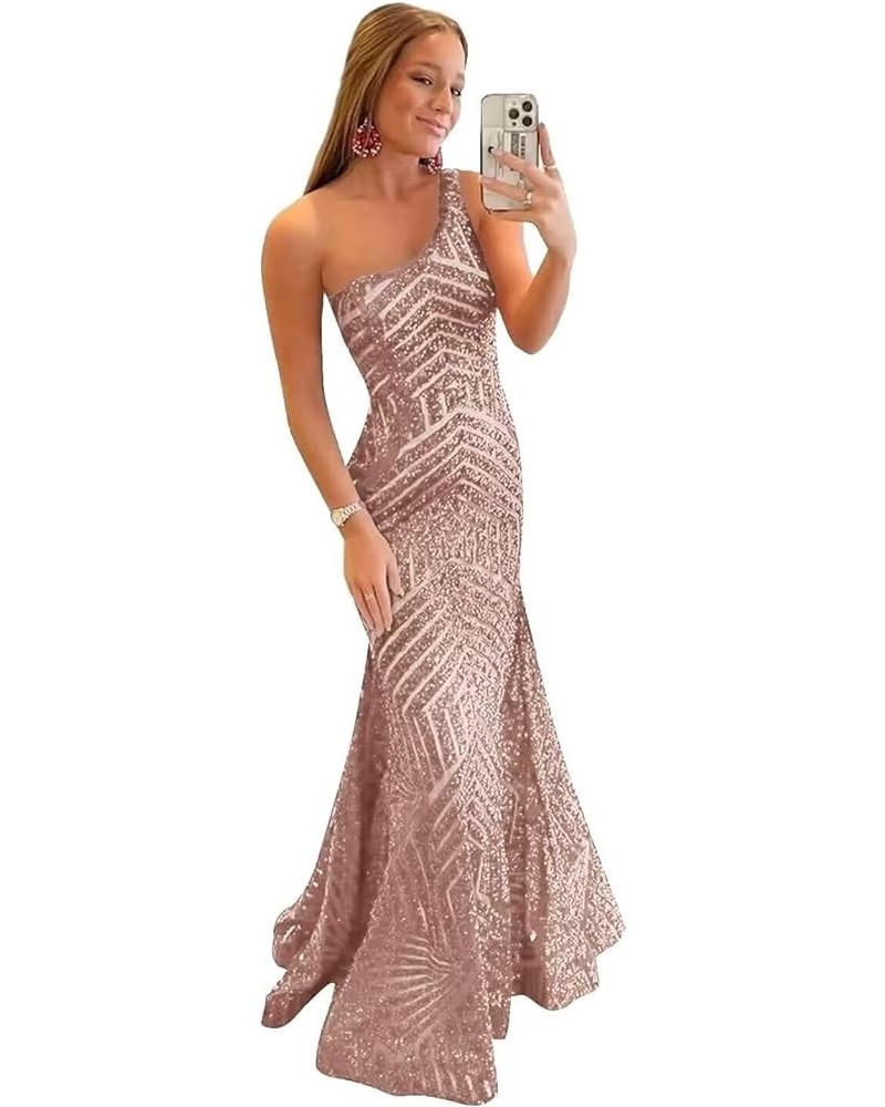 Sparkly Sequin Mermaid Prom Dress for Women One Shoulder Long Formal Evening Party Gowns Rose Gold $28.70 Dresses