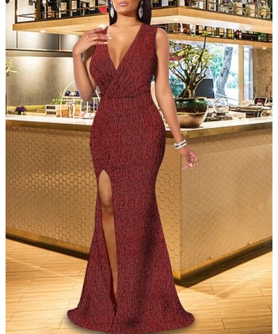 Women's Sexy Long Sleeve Sparkly Maxi Dress V Neck High Slit Wrap Formal Gown Cocktail Glitter Maxi Long Dresses 01580red $27...