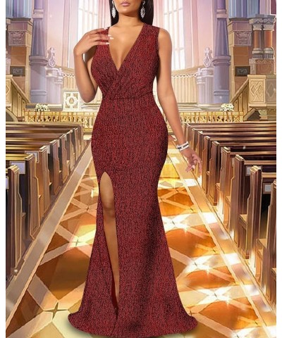 Women's Sexy Long Sleeve Sparkly Maxi Dress V Neck High Slit Wrap Formal Gown Cocktail Glitter Maxi Long Dresses 01580red $27...