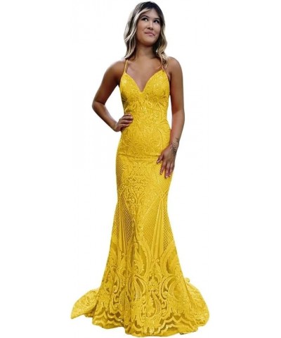 Women's Sparkly Sequin Prom Dresses Long Tulle Lace Applique Formal Evening Party Gown Yellow $33.79 Dresses