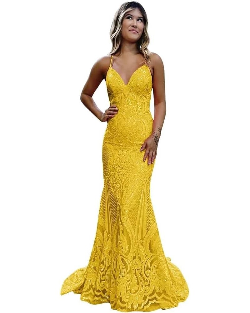 Women's Sparkly Sequin Prom Dresses Long Tulle Lace Applique Formal Evening Party Gown Yellow $33.79 Dresses