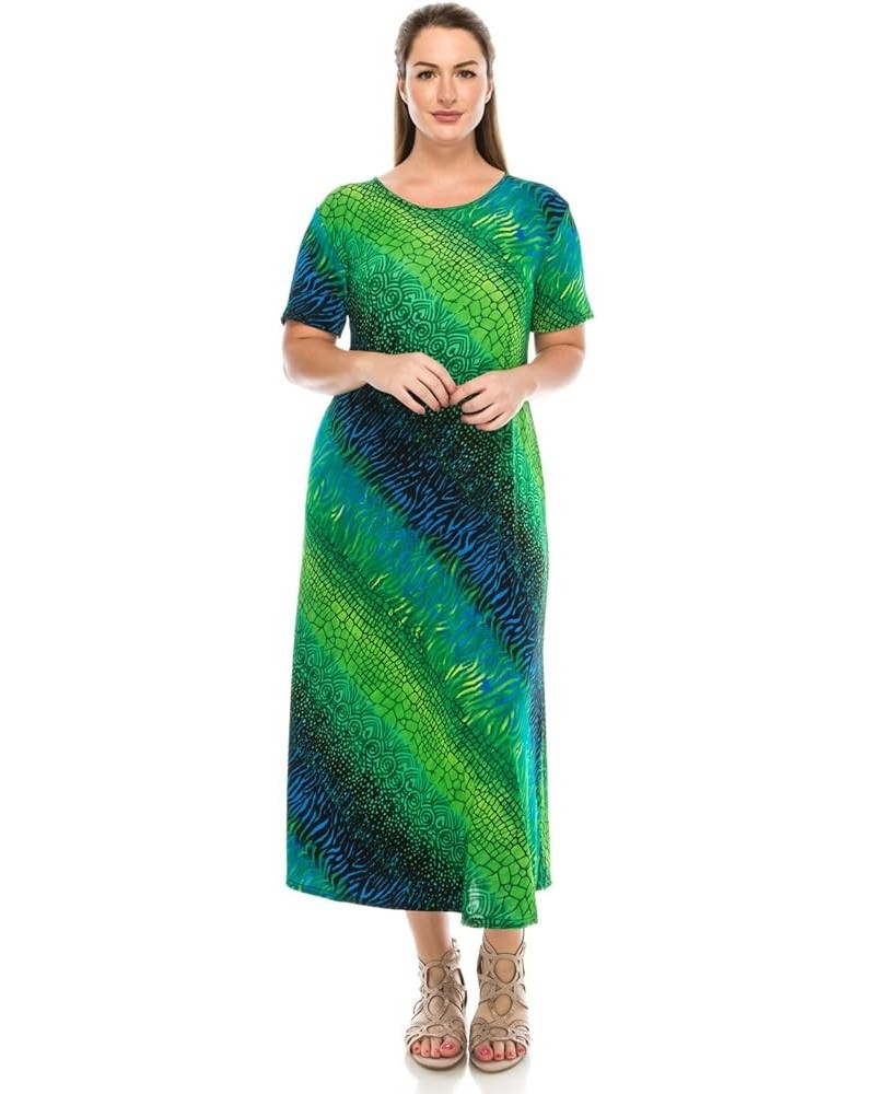 Women's Tank Long Dress – Plus Size Short Sleeve Scoop Neck Casual Swing Flowy Print T Shirt One Piece W182 Green $19.68 Dresses