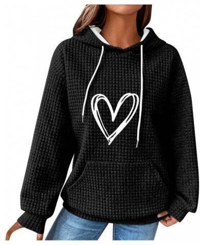 Waffle Hoodies for Women Casual Heart Print Long Sleeve Hooded Sweatshirts Drawstring Comfy Cute Preppy Clothes 2 Black $13.5...