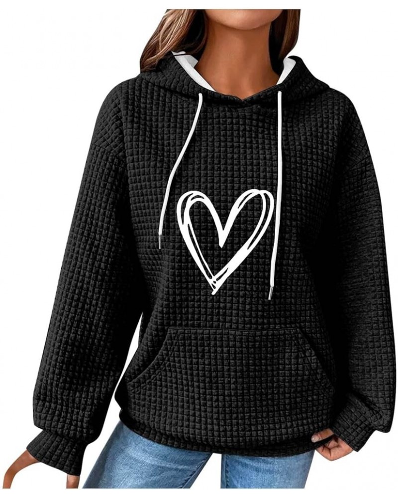 Waffle Hoodies for Women Casual Heart Print Long Sleeve Hooded Sweatshirts Drawstring Comfy Cute Preppy Clothes 2 Black $13.5...