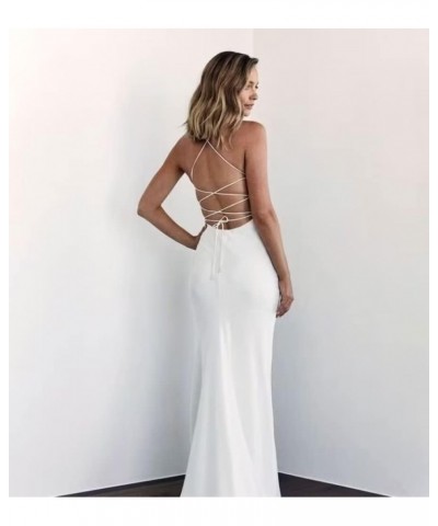 Women's Satin Bridesmaid Dresses for Wedding Long Spaghetti Strap Cowl Neck Prom Dress with Slit White $25.20 Dresses