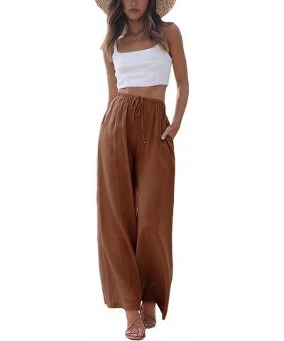 Women's Summer Cotton Linen Wide Leg Pants Drawstring High Waist Palazzo Flowy Beach Trousers with Pockets Rust $19.97 Pants