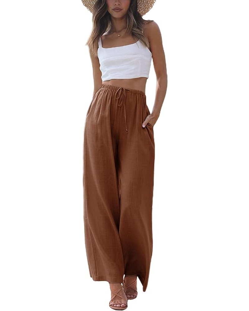 Women's Summer Cotton Linen Wide Leg Pants Drawstring High Waist Palazzo Flowy Beach Trousers with Pockets Rust $19.97 Pants