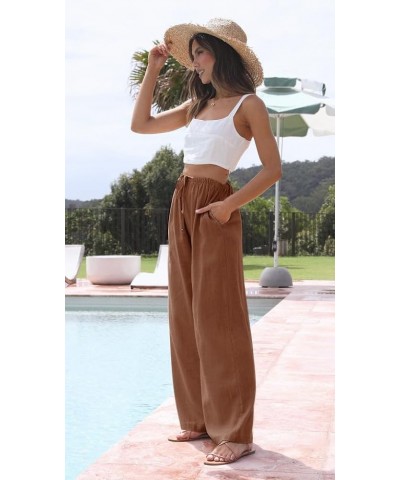 Women's Summer Cotton Linen Wide Leg Pants Drawstring High Waist Palazzo Flowy Beach Trousers with Pockets Rust $19.97 Pants