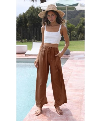 Women's Summer Cotton Linen Wide Leg Pants Drawstring High Waist Palazzo Flowy Beach Trousers with Pockets Rust $19.97 Pants