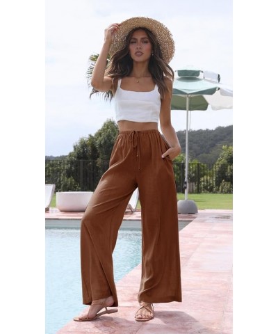 Women's Summer Cotton Linen Wide Leg Pants Drawstring High Waist Palazzo Flowy Beach Trousers with Pockets Rust $19.97 Pants