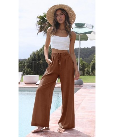 Women's Summer Cotton Linen Wide Leg Pants Drawstring High Waist Palazzo Flowy Beach Trousers with Pockets Rust $19.97 Pants