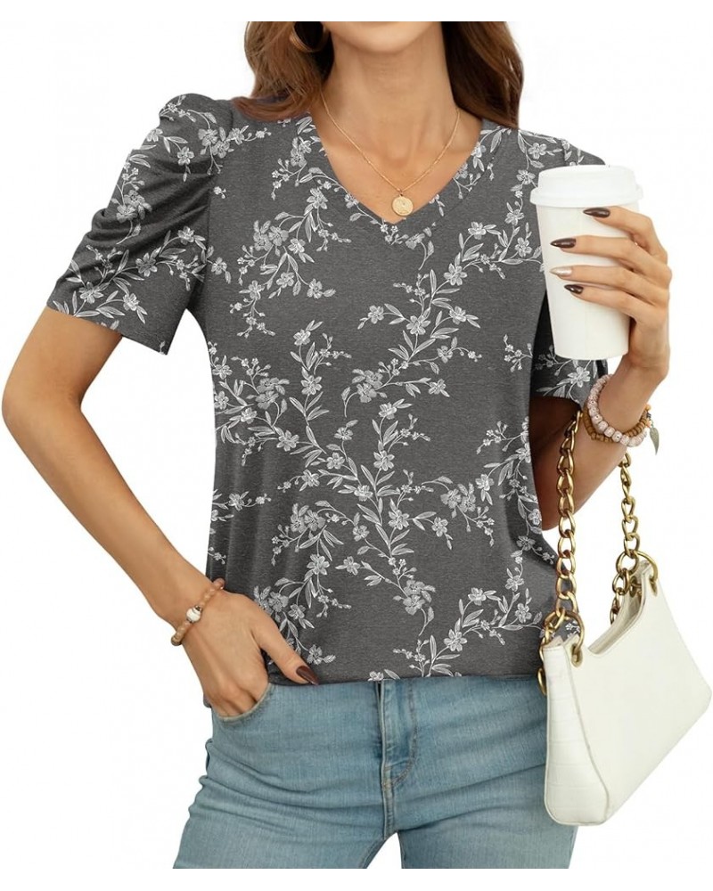 Women Puff Sleeve Summer Tunic Top Casual T-Shirts Fashion V-Neck Pullover Loose Blouse Basic V Carved White + Black $11.60 Tops